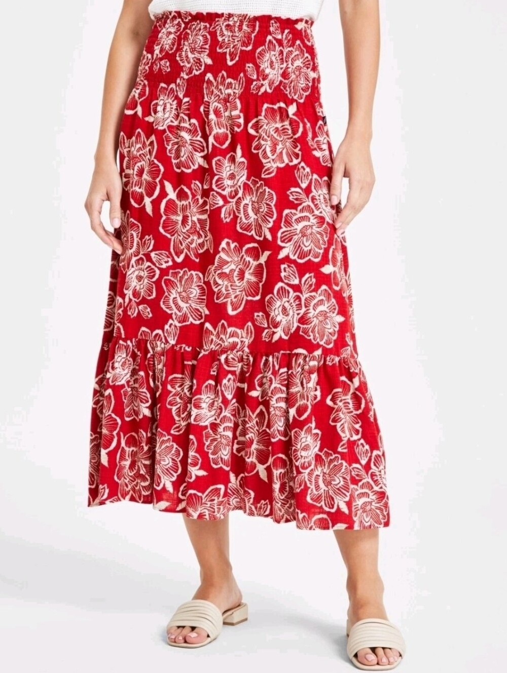 Nautica Floral Print Smocked Waist Skirt  Red/ White Nwt